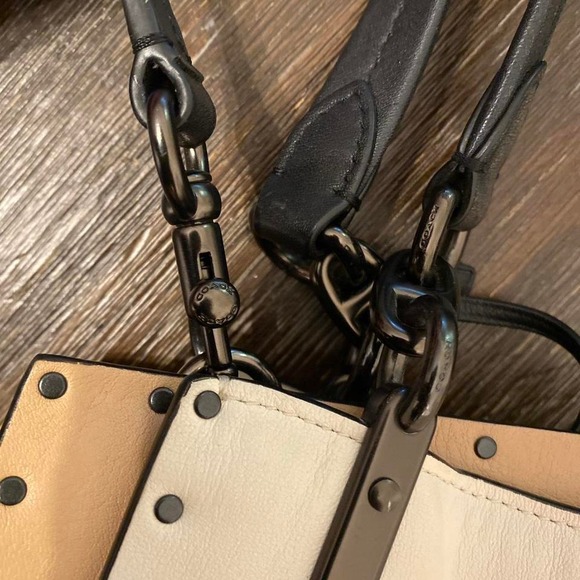 Coach Studded Satchel Bag Black White Tan Leather Hardware Logo Detail - Picture 5 of 9